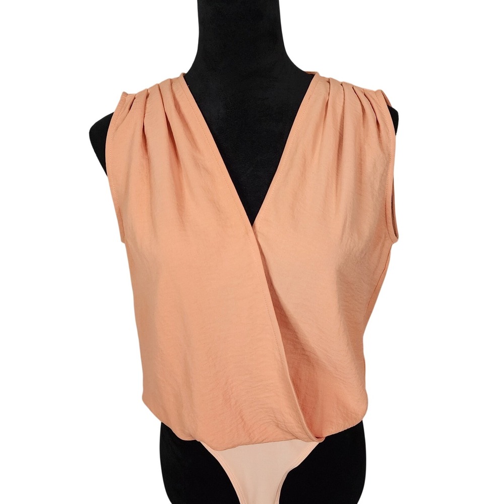 GILLI Size Small Orange Coral Pleated Snap Surplice Faux Wrap Bodysuit Blouse